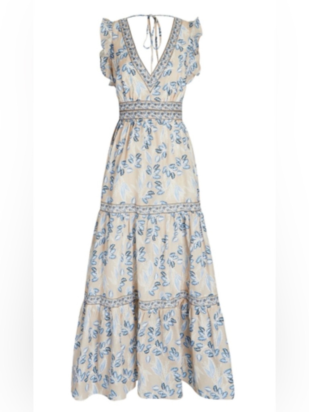 INTERMIX Orien Cream Tired Maxi Dress with Blue Floral Print